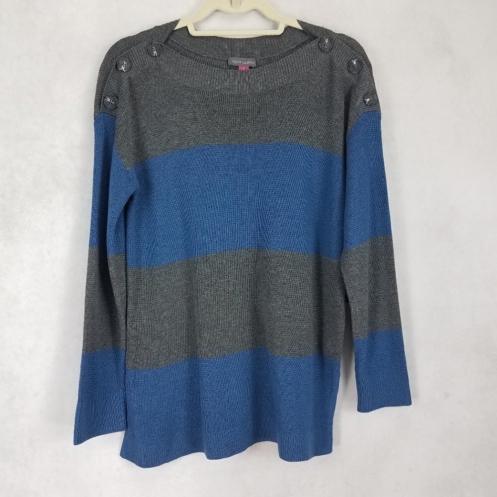 NWT Vince Camuto Sweater Pullover Striped Knit Top Cool Dusk Buttons Womens S